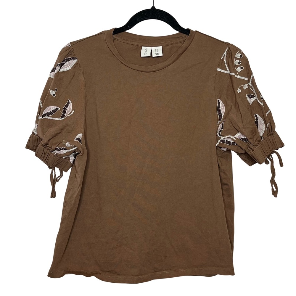 Joie‎ Brown Embroidered Puff Sleeve Cotton Shirt Medium Embroidered Leaf Detail